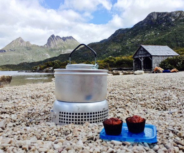 Kettle on the Trangia for a cup-a-tea & cake near the boatshed on Dove Lake. Cradle Mountain in the background